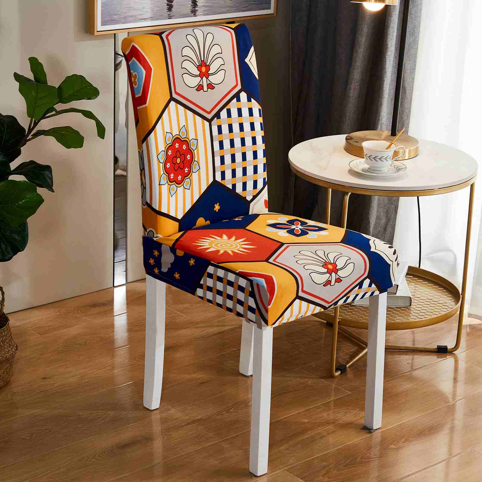 Yellow Boho Printed Stretchable Dining Chair Slipcovers, 1/4/6Pcs