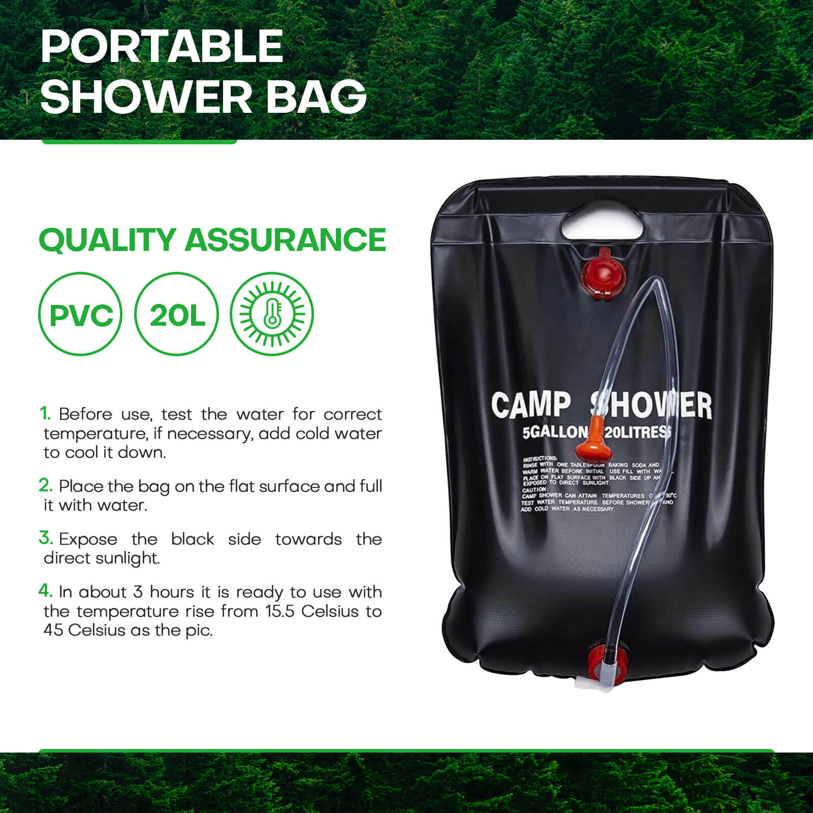 Portable solar camping shower bag
