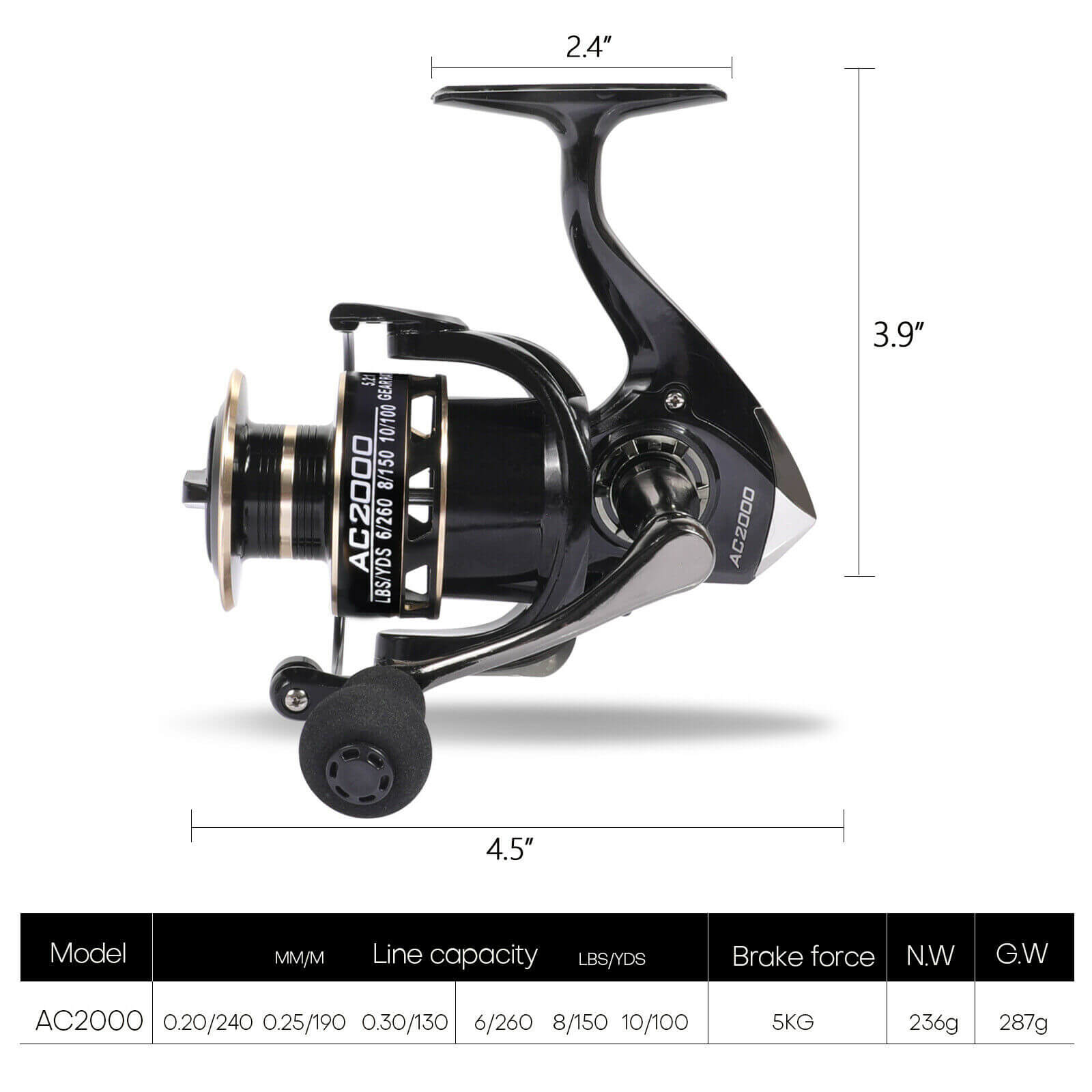 size of AC2000 5.2:1 Gear Ratio Spinning Fishing Reel