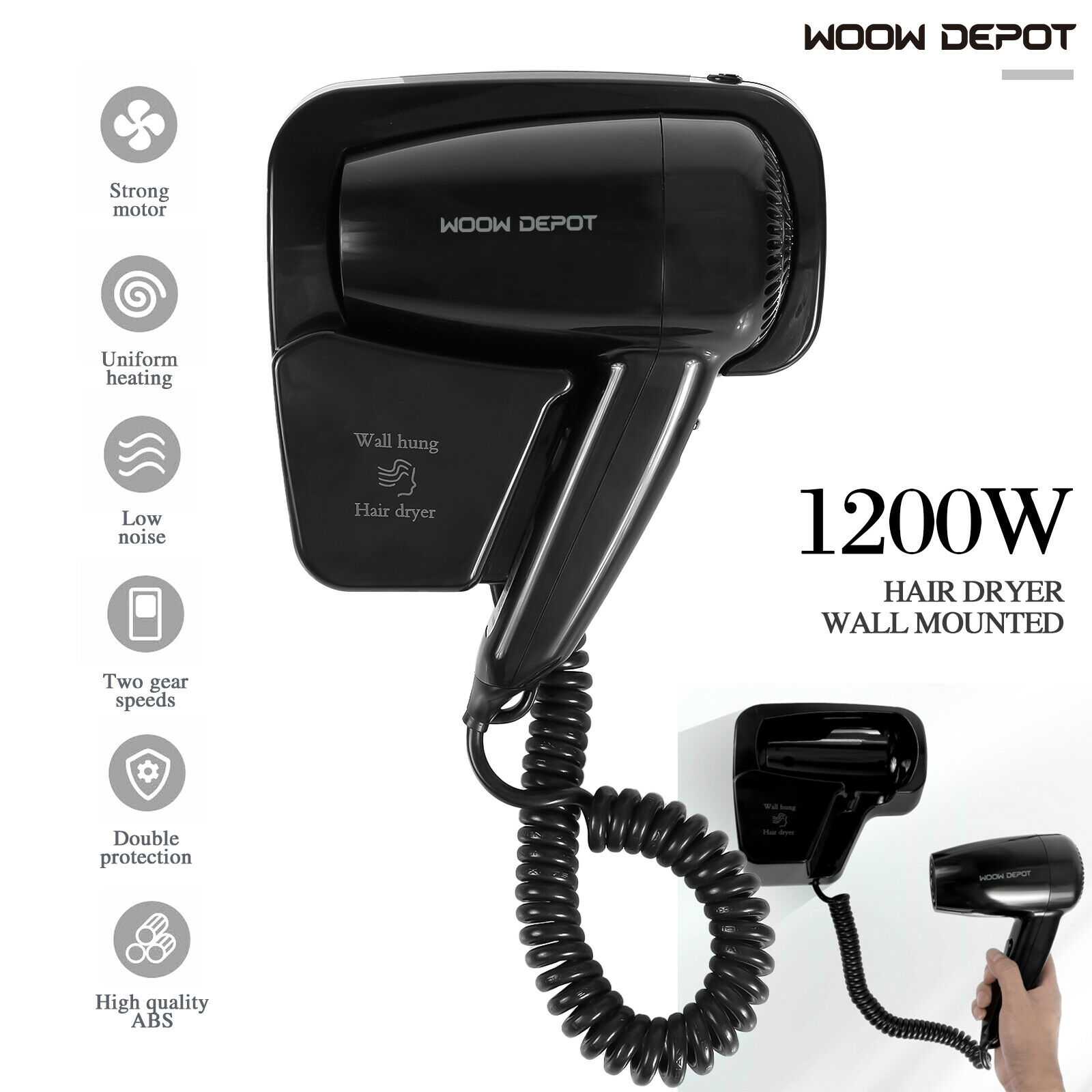Durable Black Wall Mounted Hairdryer